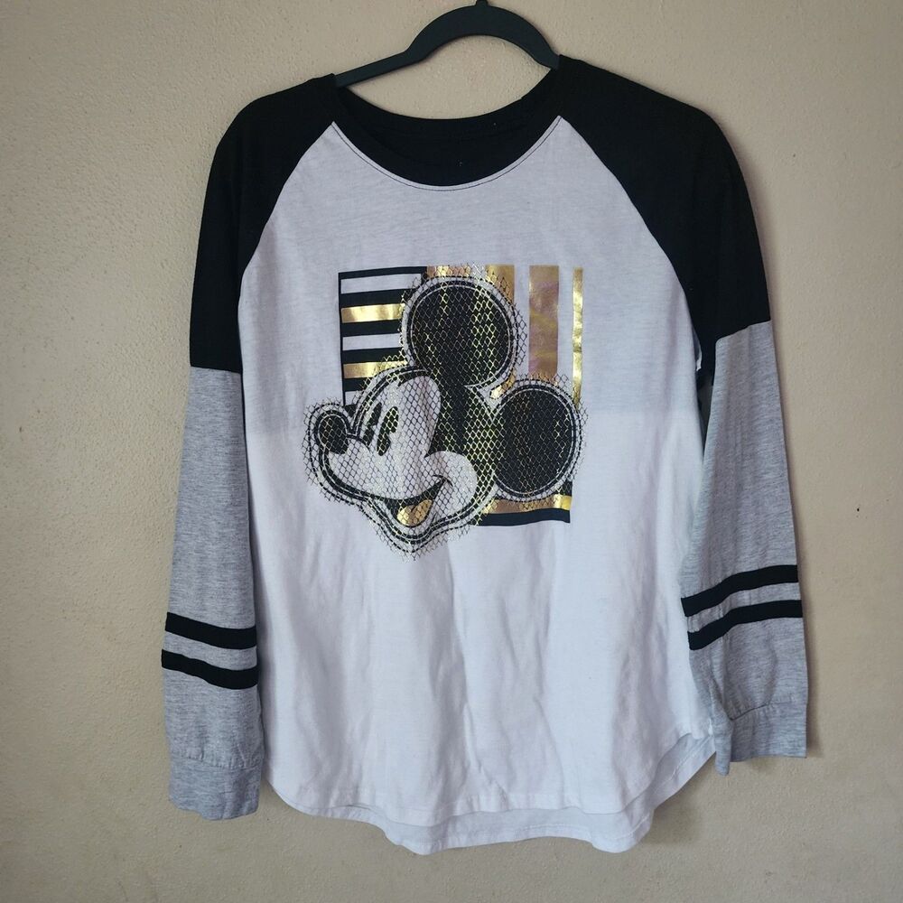 Disney Parks Mickey Mouse Raglan Baseball Shirt Gold Foil Graphic Large